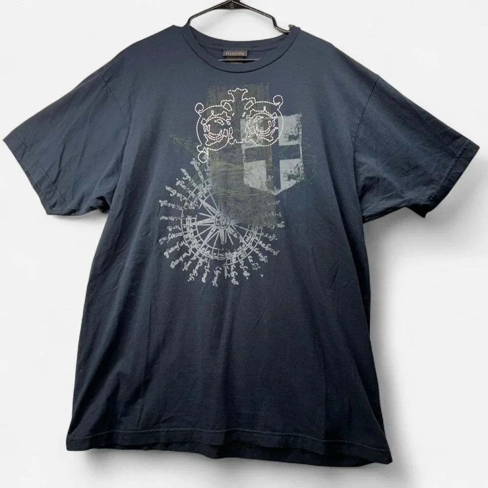 Structure Mens Graphic T-Shirt XL Navy Blue Cotton Compass Shield Print Tee